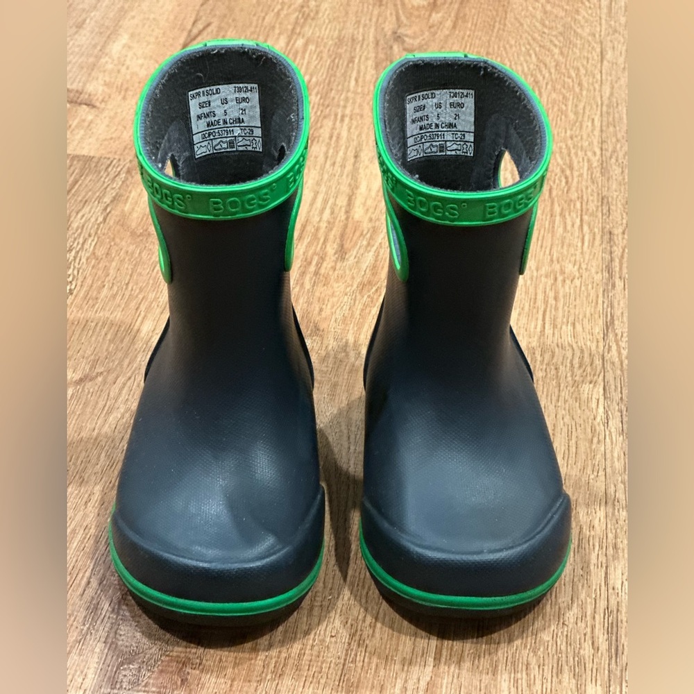 Bogs Kids Black Rain Boots with Green Trim